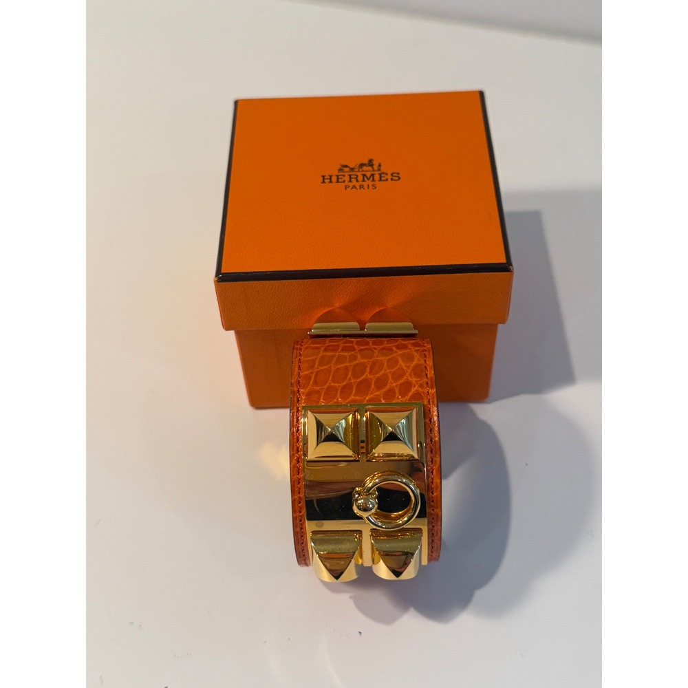 Hermes Collier de Chien CDC Bracelet Orange Alligator Gold Hardware Cuff Box - Picture 2 of 9